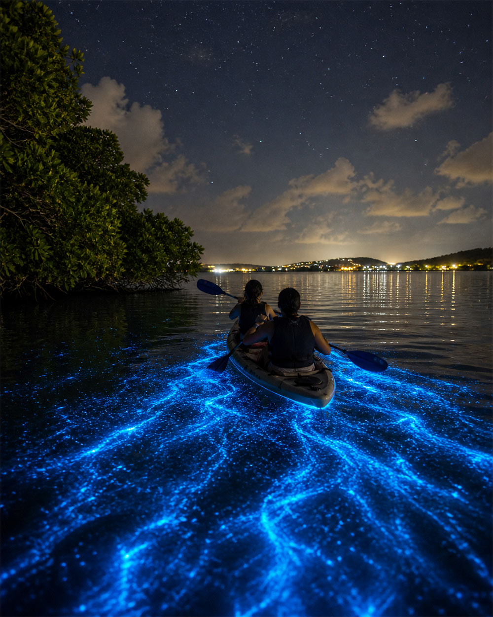 Night kayaking in Puerto Rico’s bioluminescent bay with glowing blue water and two people paddling under a starry sky